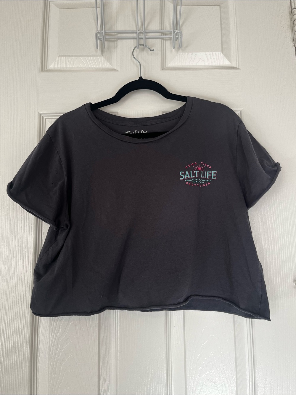 Salt Life Cropped Tee in Charcoal with Teal Logo
